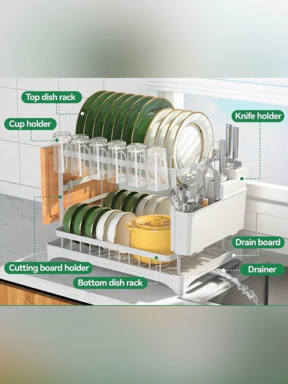 2 two tires dish drying rack with drain dish tray